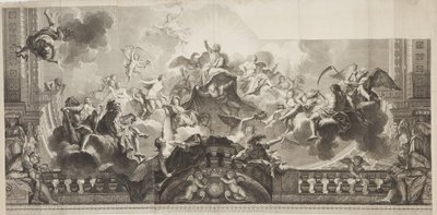Design of Centre Panel of Ceiling of the Grand Gallery of the Palais Royal, engraved by Nicolas Henri Tardieu (1674-1749) av Antoine (after) Coypel
