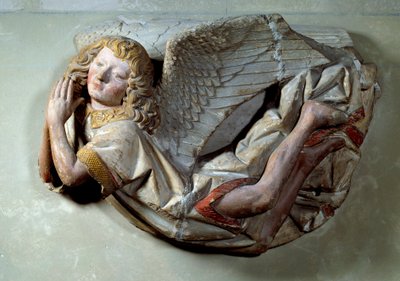 Flying Angel Relief i polykrom kalkstein attributter til Antoine the Moiturier (1425-1495) og ment for "The Mise au tombeau tilbudt av Jaquotin Ogier og hans kone Pernette". fra Chapelles des Carmes i Semur i Auxois. 1490 ca. Sol. 0,57x0,4 av Antoine (attr. to) Le Moiturier