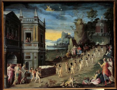 Allegori: Kjærlighetens begravelse En begravelsesprosesjon som bærer liket av Eros er på vei mot Venus-tempelet. Maleri av verkstedet til Antoine Caron (1521-1599) av Antoine (studio of) Caron