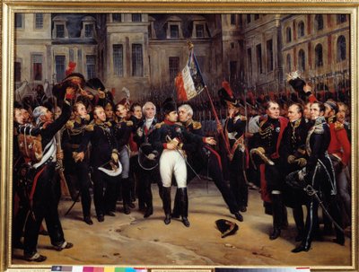 Abdikasjon av 1814 - "" Avskjeden fra Napoleon Bonaparte (1769-1821) til den keiserlige vakt i gårdsplassen til Cheval Blanc i Fontainebleau den 20.04.1814"" Maleri av Antoine Montfort (1802-1884) 1800-tallet søn. 0,98x1,3 m av Antoine Alphonse Montfort