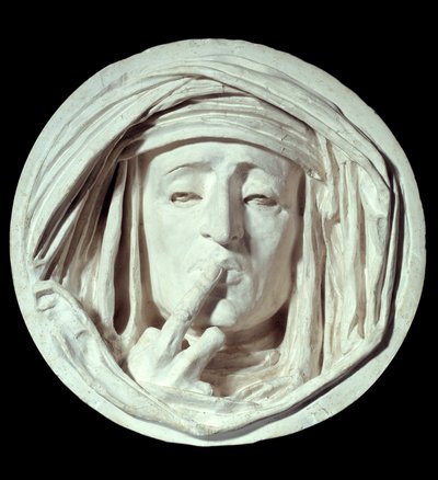 Stillhet En symbolsk gest av en mann som legger en finger på munnen hans. Gipsskulptur av Auguste Preault (1809-1879) Paris fra 1800-tallet, Louvre-museet av Antoine Augustin Preault