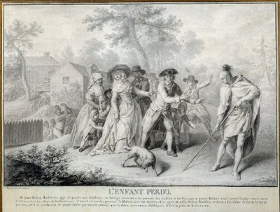 The Lost Child Illustrasjon av "Letters from an American Farmer" av Saint John de Crevecoeur. Litografi av Antoine Borel (1743-1810) 1783 omtrent. Blerancourt. Musee Franco American av Antoine Borel