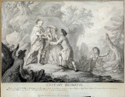 Barnet finner illustrasjon av "Letters of an American Farmer" av Saint John de Crevecoeur. Litografi av Antoine Borel (1743-1810) 1783 omtrent. Blerancourt. Musee Franco American av Antoine Borel