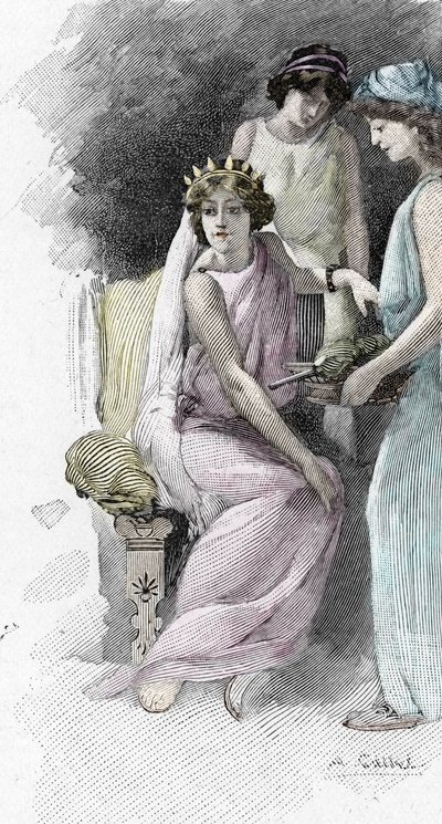 Odyssee d'Homere: Chant IV: Helene omgitt av hans følgere (Odyssey av Homer: Helen og hennes tjenere) Illustrasjon av Antoine Calbet (1860-1944) for "The odyssee" av den greske poeten Homere (Odyssey av Homer) 1897 Privat samling av Antoine Calbet
