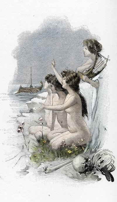 Odyssee d'Homere: Chant XII: Odyssey av Homer: Odysseus og sirenene som sang en fortryllende sang som normalt fikk forbipasserende sjømenn til å styre mot steinene, bare for å treffe dem og senke Illustrasjon av Antoine Calbet (1860-1944) for "&qu av Antoine Calbet