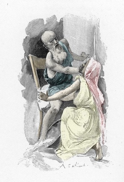 Odyssee d'Homere: Singing 19 "" Ulysses deguise en begdiant forplikter den gamle Euryclee som anerkjente ham til å tie" (Odyssey av Homer: Odysseus, forkledd som en tigger, sverger Eurycleia som har anerkjent ham, til hemmelighold) Illus av Antoine Calbet