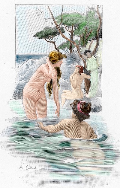 Odyssee av Homere: "Nausicaa, datter av kong Alcinous, og hennes tjenerinner som vasker klærne sine i elven" Illustrasjon av Antoine Calbet (1860-1944) for "The odyssee" av den greske poeten Homere (Odyssey av Homer) 1897 Privat samling av Antoine Calbet