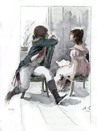 Portrett av Napoleon Bonaparte (1769-1821) med sin forlovede Desiree Clary (1777-1860) ca. April 1795 (Portrett av Desiree Clary på tidspunktet for hennes forlovelse med Napoleon Bonaparte, april 1795) Tegning av Antoine Calbet henter fra "Napoleon et av Antoine Calbet