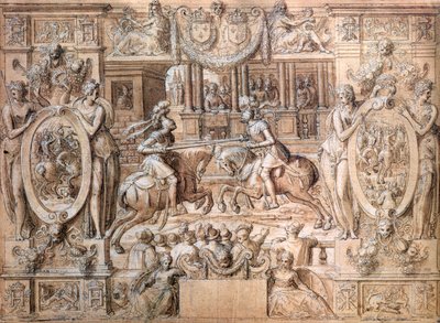 Turnering i anledning ekteskapet til Catherine de Medici (1519-89) og Henri II (1519-59) i 1533 (penn og på papir) av Antoine Caron