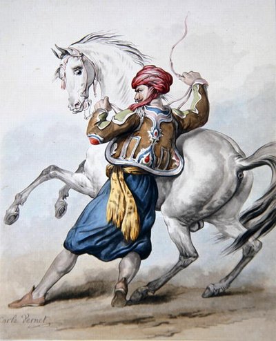 En perser prøver å overvinne en fransk hest (litho) av Antoine Charles Horace Vernet