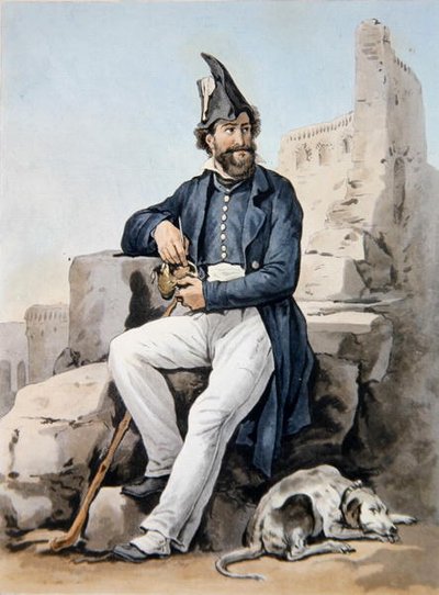 En skjeggete soldat (farge litho) av Antoine Charles Horace Vernet