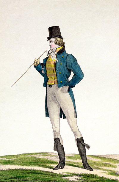 En Dandy i en Robinson-lue, med barnlige krøller, strikkede bukser og ridestøvler, plate 5 i Incroyable et merveilleuse-serien med moteplater, gravert av Georges Jacques Gatine (1773-1831) av Antoine Charles Horace Vernet