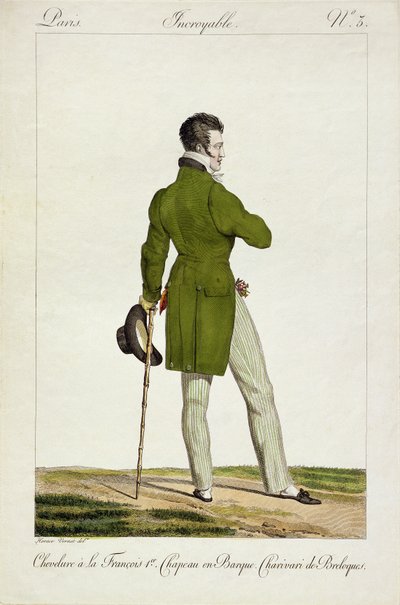 En Dandy med en 'Francois I'-frisyre og en samling av sjarm og pyntegjenstander, plate 3 i 'Incroyable et merveilleuses'-serien med moteplater, gravert av Georges Jacques Gatine (1773-1831) pub av Antoine Charles Horace Vernet