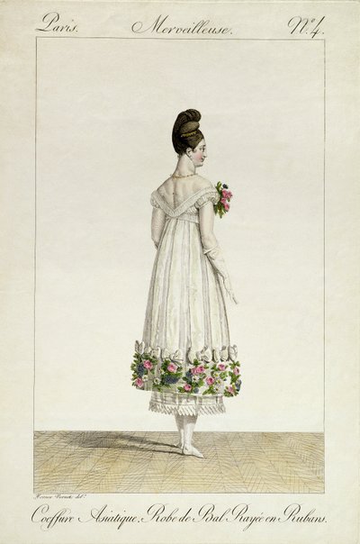 En dame med en asiatisk frisyre i en ballkjole trimmet med bånd, plate 4 fra 