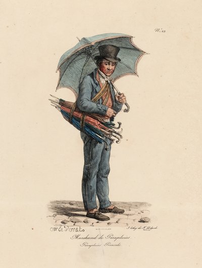 Paraply- og parasollselgeren, nummer 23 fra serien The Cries of Paris, gravert av Francois Seraphin Delpech (1778-1825) av Antoine Charles Horace Vernet