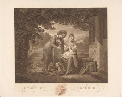 Ung familie med hunden Hymen et Bonheur (tittel på objekt) av Antoine Claude François Villerey