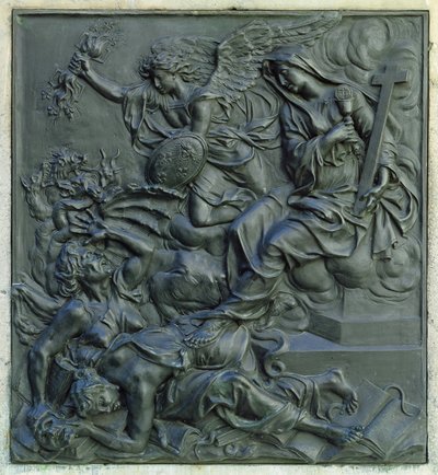 The Angel of France som fordriver kjetterne, detalj fra sokkelen til en statue av Ludvig XIV, ca. 1687 (bronse) av Antoine Coysevox