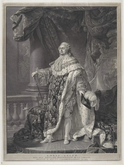 Le Sacre - Portrett av kong Louis XVI i Coronation Regalia, gravert av Charles-Clément Bervic (1756-1822) av Antoine Francois (after) Callet