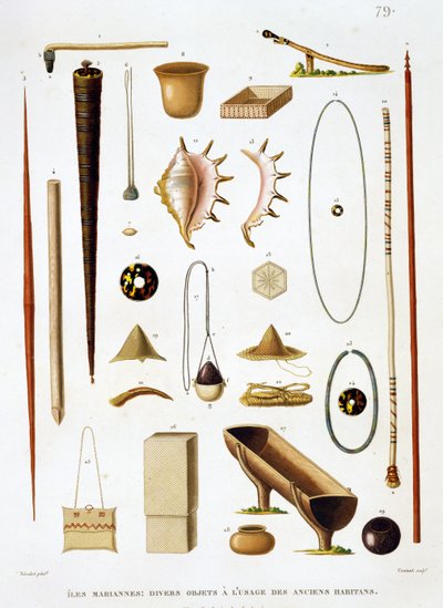 Husholdningsredskaper og våpen fra Marianasøyene, fra Voyage autour du Monde (1817-20), av Louis Claude De Saulces de Freycinet (1779-1842) gravert av Jean Louis Denis Coutant (1776-1831), s. av Antoine Germain Bevalet