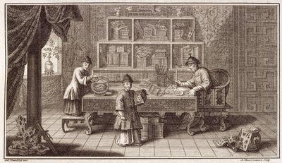 En kinesisk kalligrafibutikk, fra en beretning om den nederlandske ambassaden i Kina, gravert av A. Maisonneuve, ca. 1670-tallet av Antoine Humblot