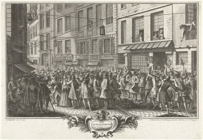 Fra Rue Quinquempoix, 1720 Rue Quinquempoix i år 1720 (tittel på objekt) Het Groote Tafereel der Dwaasheid (serietittel) av Antoine Humblot