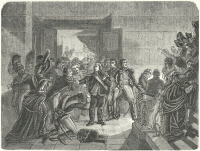 Louis XVIII forlot Tuileries-palasset etter å ha fått vite om Napoleons retur til Frankrike fra Elba av Antoine Jean (after) Gros