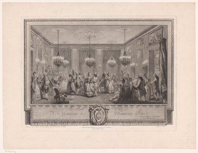 Marie Antoinette: The Queen of Fashion: Ball at the Home of Monsieur de Villemorien Ballsal med dansende par Le Bal Pare (tittel på objekt) av Antoine Jean Duclos