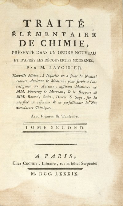 Tittelside til Traite Elementaire de Chimie, Tome II, utgitt i Paris, 1789 (trykk) av Antoine Laurent de Lavoisier
