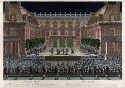 Representasjon, i marmorgårdsplassen til slottet i Versailles, d'Alceste””” av Jean Baptiste Lully (Giovanni Battista Lulli) (1632-1687) for feiringen gitt i anledning overtakelsen av Franche Comté (1674). Gravering av Le Pautre (1 av Antoine Le Pautre