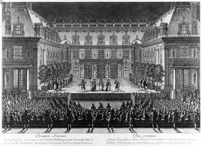 Representasjon, i marmorgården til slottet i Versailles, av "Alceste" av Jean Baptiste Lully (Giovanni Battista Lulli) (1632-1687) for feiringen som ble gitt i anledning gjenopplivingen av Franche Comte (1674). Gravering av Le Pautre (16 av Antoine Le Pautre