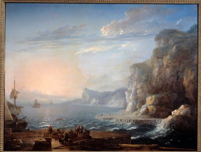 Solnedgang Et landskap av klipper og steiner på havet, med fiskere i forgrunnen. Maleri av Antoine Lebel (1705-1793) 1700-tallets søn. 0,9x1,16 m Rouen, musee des Beaux Arts av Antoine Lebel