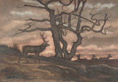 Hjort og tre mot solnedgang, 1810-75. av Antoine Louis Barye