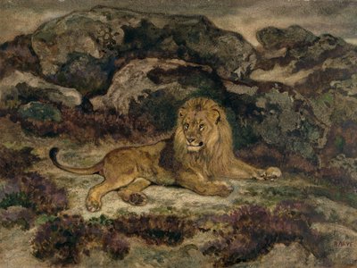 Løve tilbakelent (wc på papir) av Antoine Louis Barye