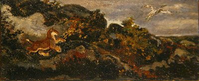 Panther Chasing a Stork (olje på papir montert på masonitt) av Antoine Louis Barye