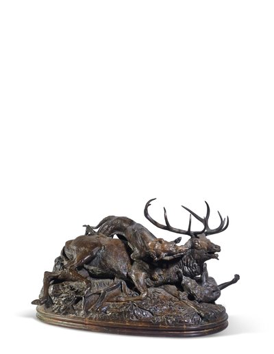 Ti spiss hjort gulv av to skotske greyhounds, ca. 1840 (bronse) av Antoine Louis Barye