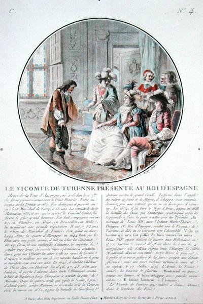Viscounten av Turenne (1611-75) presenteres for kong Filip IV (1605-65) av Spania, gravert av L. Roger av Antoine Louis Francois (after) Sergent Marceau