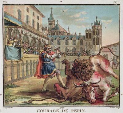The Courage of Pepin (714-68), gravert av Jean Baptiste Morret (fl. 1790-1820) 1789 (farget gravering) av Antoine Louis Francois (after) Sergent Marceau