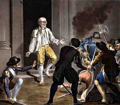 Gaspard de Colignys død, gravert av Jean Baptiste Morret (fl.1790-1820) 1788 (farget gravering) av Antoine Louis Francois (after) Sergent Marceau