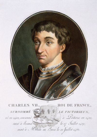 Charles VII, fra Portraits of Great Men, Illustrious Women, and Memorable Subjects of France, gravert og trykt i farger, utgitt av Pierre Blin, 1786-92, Paris (fargegravering) av Antoine Louis Francois Sergent-Marceau