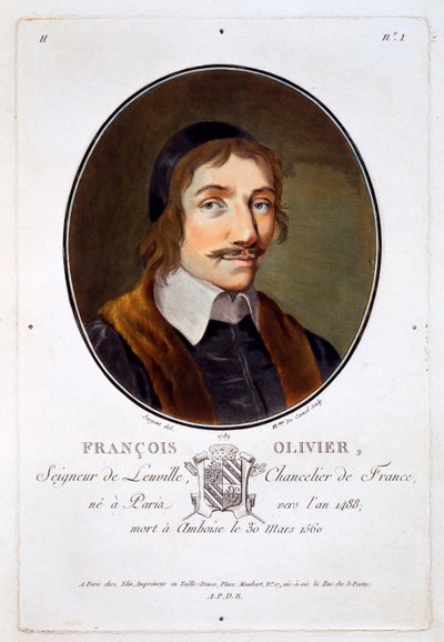 Francois Olivier Seigneur de Leuville, fra Portretter av store menn, berømte kvinner og minneverdige motiver fra Frankrike, gravert og trykt i farger, utgitt av Pierre Blin, 1786-92, Paris (colo av Antoine Louis Francois Sergent-Marceau