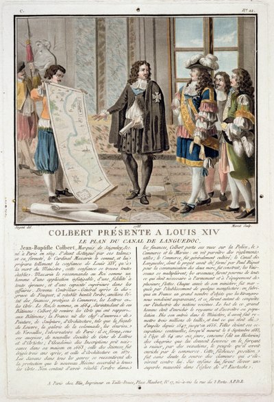 Jean Baptiste Colbert (1619-83) presenterer kartet over Canal du Languedoc til Louis XIV, gravert av Jean Baptiste Morret (fl.1790-1820), 1788 av Antoine Louis Francois Sergent-Marceau