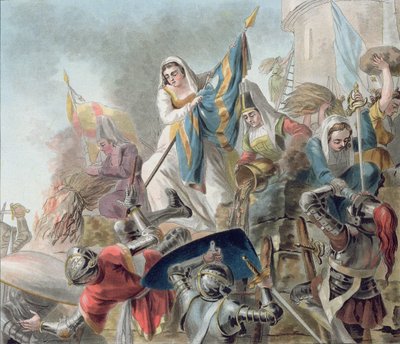 Jeanne Laisne hever en standard mot mennene i Bourgogne, gravert av Morret (fl. 1790-1820) 1787 av Antoine Louis Francois Sergent-Marceau