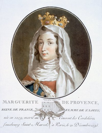 Marguerite de Provence, fra Portraits of Great Men, Illustrious Women, and Memorable Subjects of France, gravert og trykt i farger, utgitt av Pierre Blin, 1786-92, Paris (fargegravering) av Antoine Louis Francois Sergent-Marceau