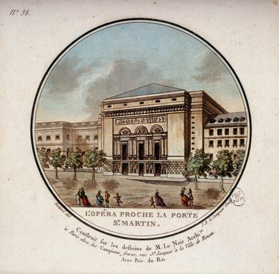 Operaen bygget i henhold til tegningene til arkitekten Le Noir nær Porte Saint Martin i Paris i dag teateret til Porte Saint Martin. I prittoresque utsikt over hovedbygningene i Paris av sersjant av Antoine Louis Francois Sergent Marceau