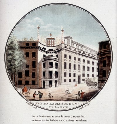 Utsikt over Monsieur de La Hayes hus på hjørnet av Rue Caumartin, Paris, bygget etter tegninger av arkitekt Aubert. I pittoresque utsikt over hovedbygningene i Paris av sersjant av Antoine Louis Francois Sergent-Marceau