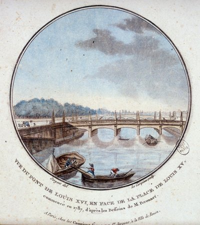 Utsikt over broen til Ludvig XVI, overfor stedet til Ludvig XV, startet i 1787 i henhold til tegningene til Mr. Peronnet. I prittoresque utsikt over hovedbygningene i Paris av sersjant av Antoine Louis Francois Sergent-Marceau