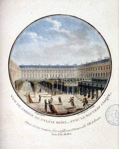 Utsikt over hagen til Palais Royal - i "" Pittoresk utsikt over hovedbygningene i Paris"" av sersjant av Antoine Louis Francois Sergent Marceau