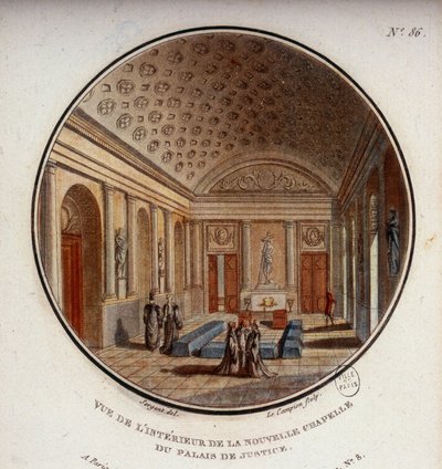 Utsikt over interiøret i det nye kapellet i tinghuset, nå Sainte Chapelle, Paris. I prittoresque utsikt over hovedbygningene i Paris av sersjant av Antoine Louis Francois Sergent Marceau