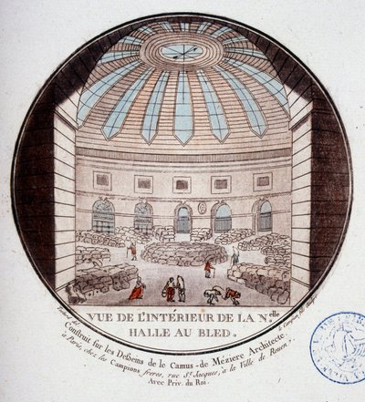 Utsikt over interiøret i den nye markedshallen bygget av Le Camus de Mézières mellom 1763 og 1766, i dag børsen i Paris. I prittoresque utsikt over hovedbygningene i Paris av sersjant av Antoine Louis Francois Sergent-Marceau
