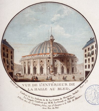 Utsikt over utsiden av hvetemarkedet, Paris bygget av Le Camus de Mézières mellom 1763 og 1766, i dag børsen i Paris. I prittoresque utsikt over hovedbygningene i Paris av sersjant av Antoine Louis Francois Sergent-Marceau